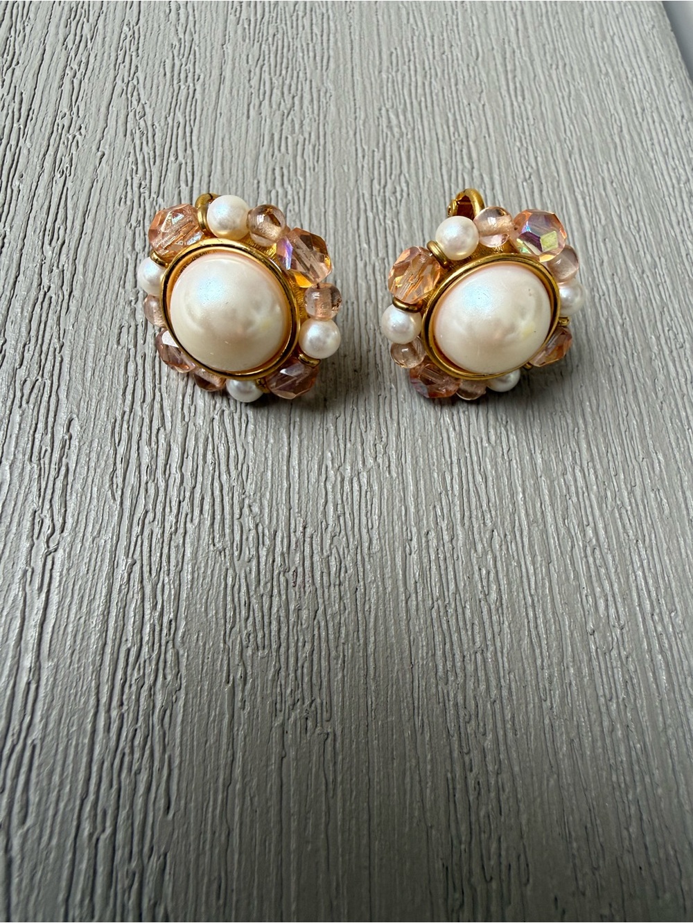 Vintage Napier Faux Pearl Pink AB Bead Clip On Earrings Signed 1”
